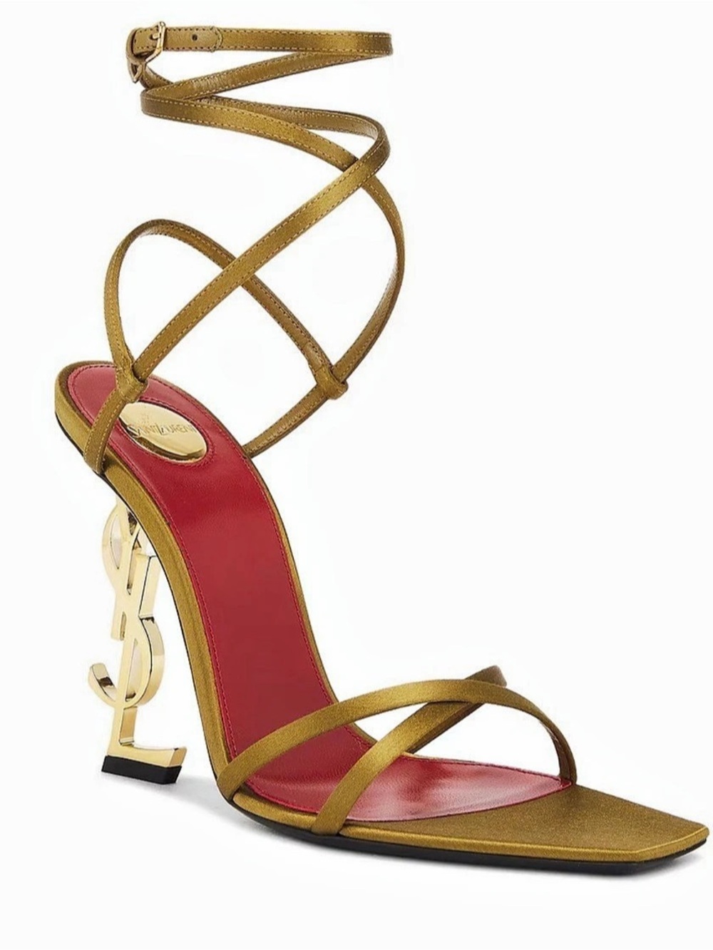 Saint Laurent Opyum YSL-Heel Sandals – olive/gold satin, red leather insole